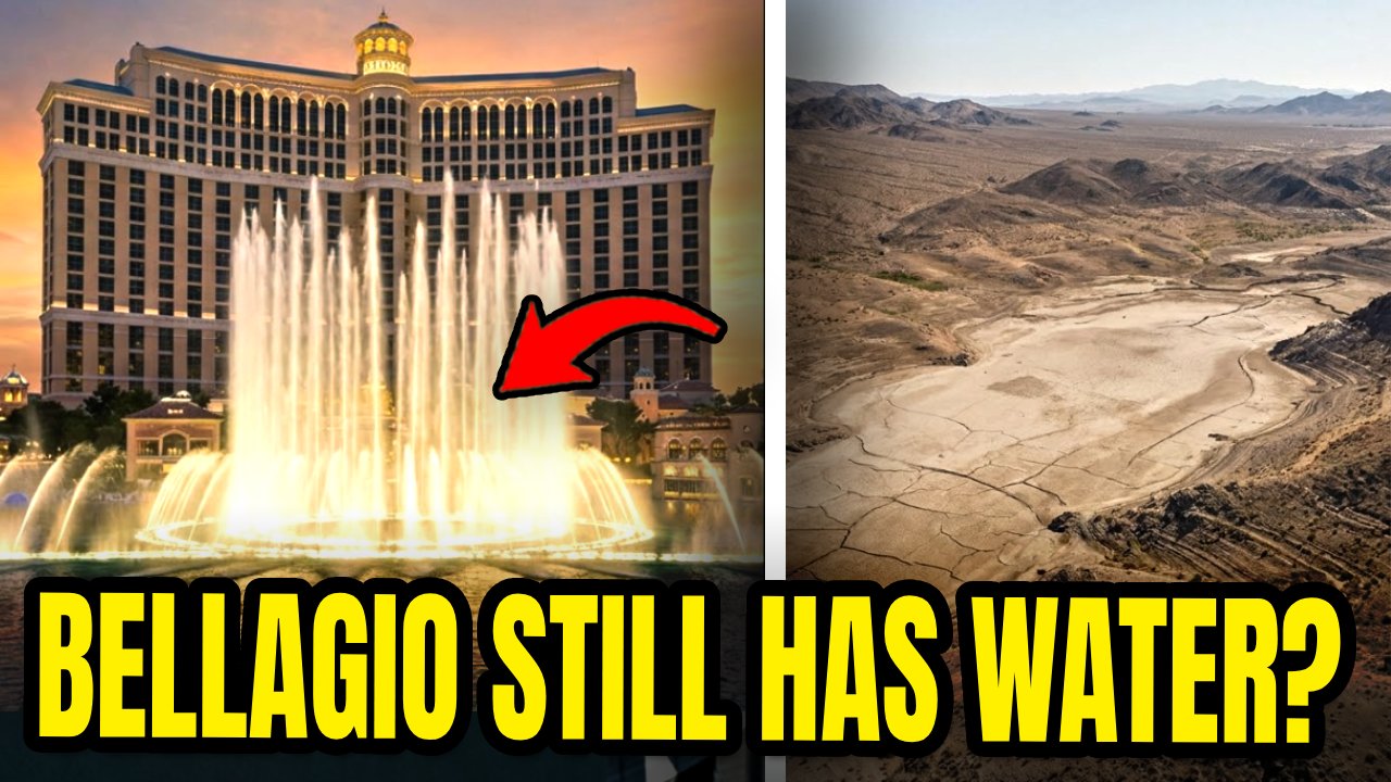 Bellagio's illuminated fountains rise from the resort's lake on the Las Vegas Strip while the article examines the groundwater right that supplies them.